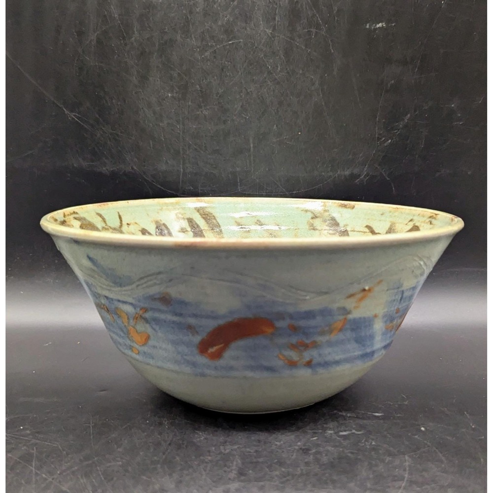 Vintage Studio Art Pottery Green Glaze Ceramic Console Fruit Bowl Signed 9.5"